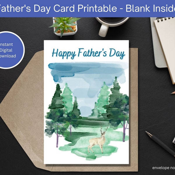 Happy Father's Day Card Printable, Deer in Meadow Blank Inside Card for Dad from Son or Daughter, Fathers Day card for Husband from Wife