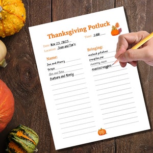 Thanksgiving Potluck Sign up Sheet With Time Column, Food Sign up Sheet ...