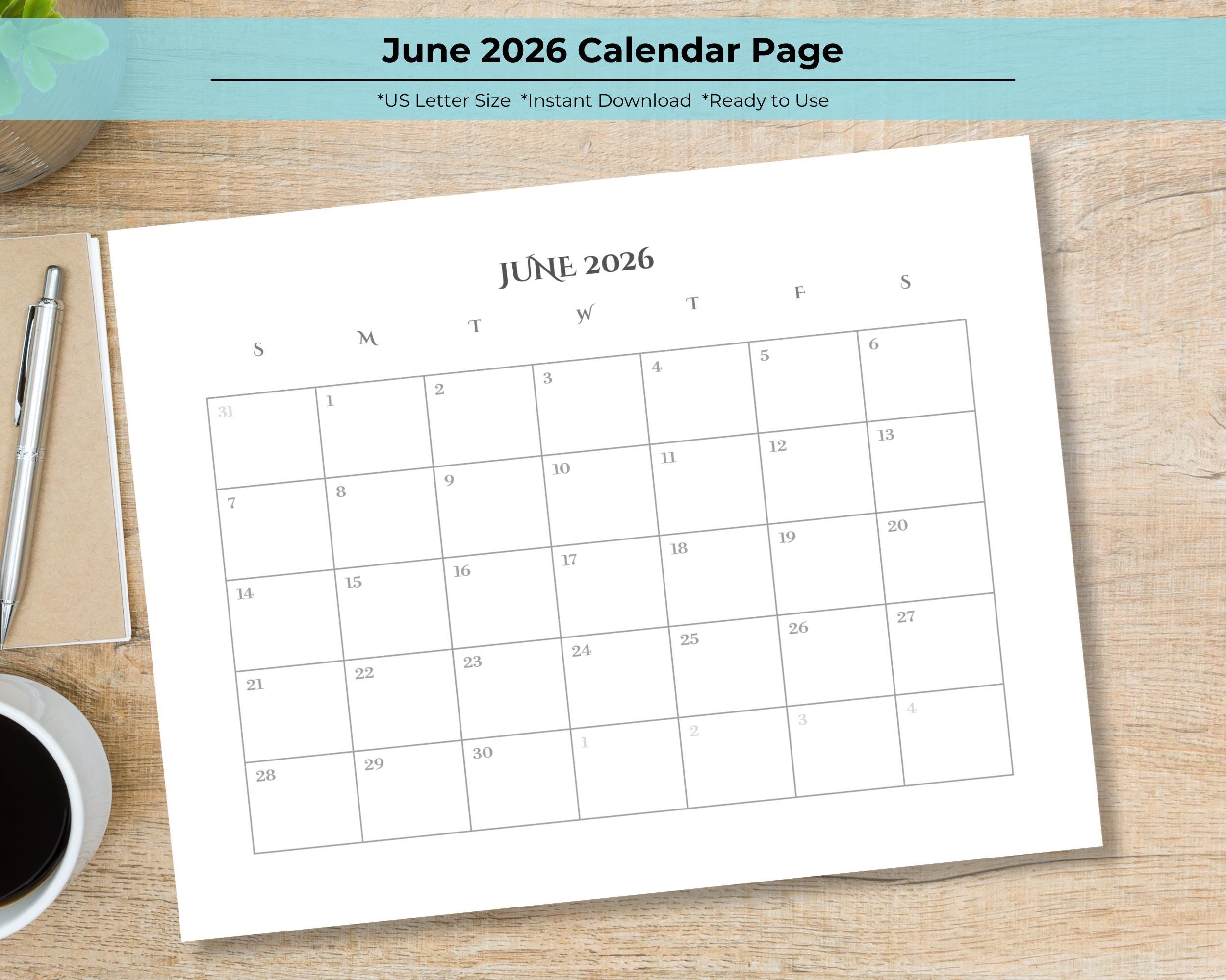 June 2026 Printable Minimalist Calendar Page, One Month Planner Page ...