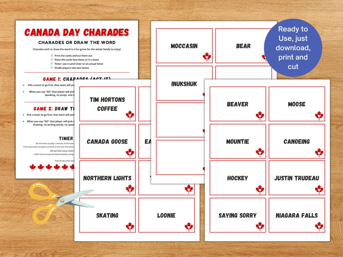Canada Day Charades and Draw the Word Game Printable, Canada Day Family ...