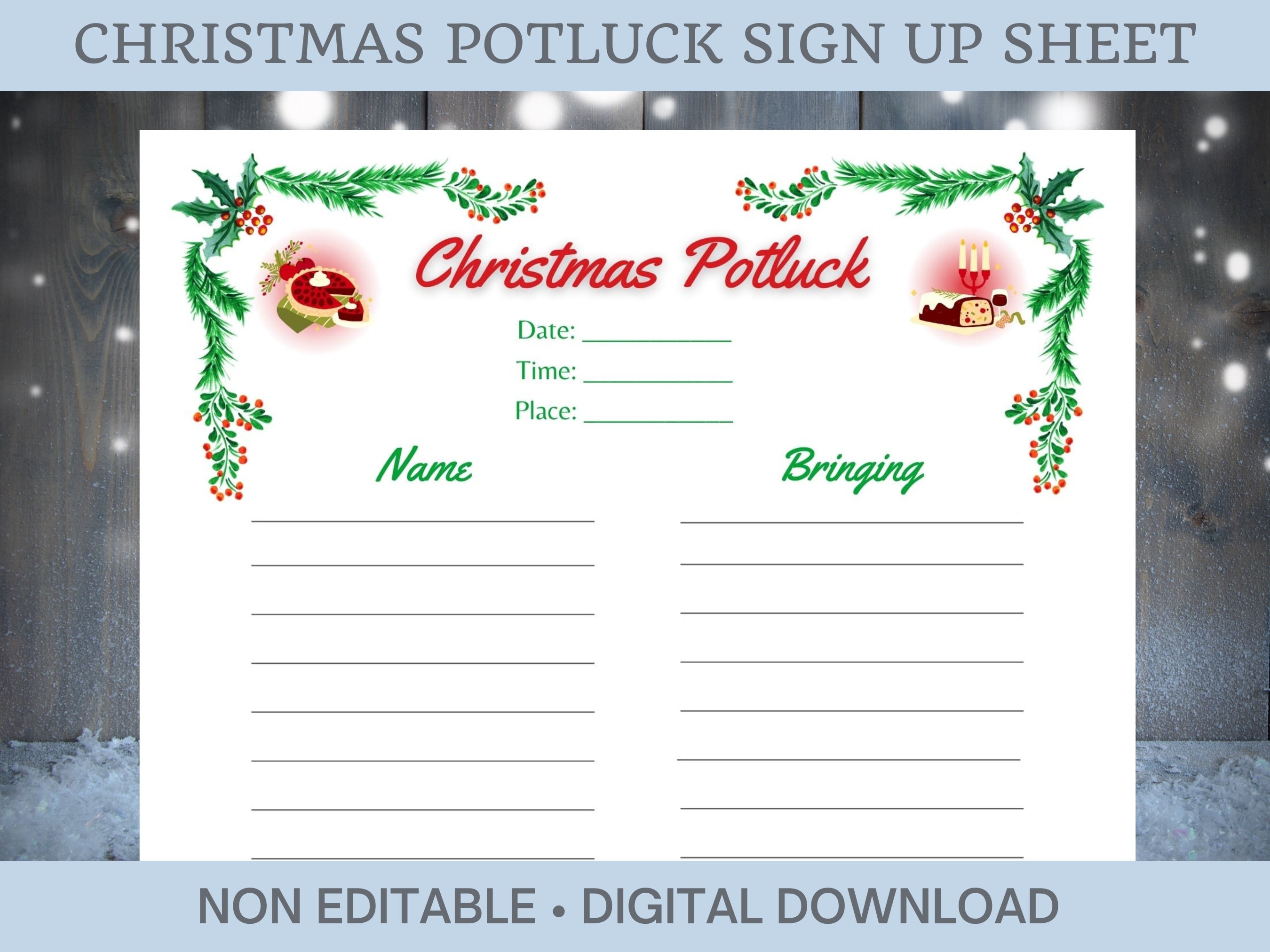 Christmas Potluck Sign up Sheet Printable, Christmas Party Snack Sign ...