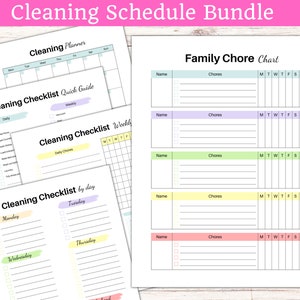 Family Chore Chart Planner and Household Cleaning Schedule Printable, Cleaning Checklist with kids and adult chore charts, Household Binder