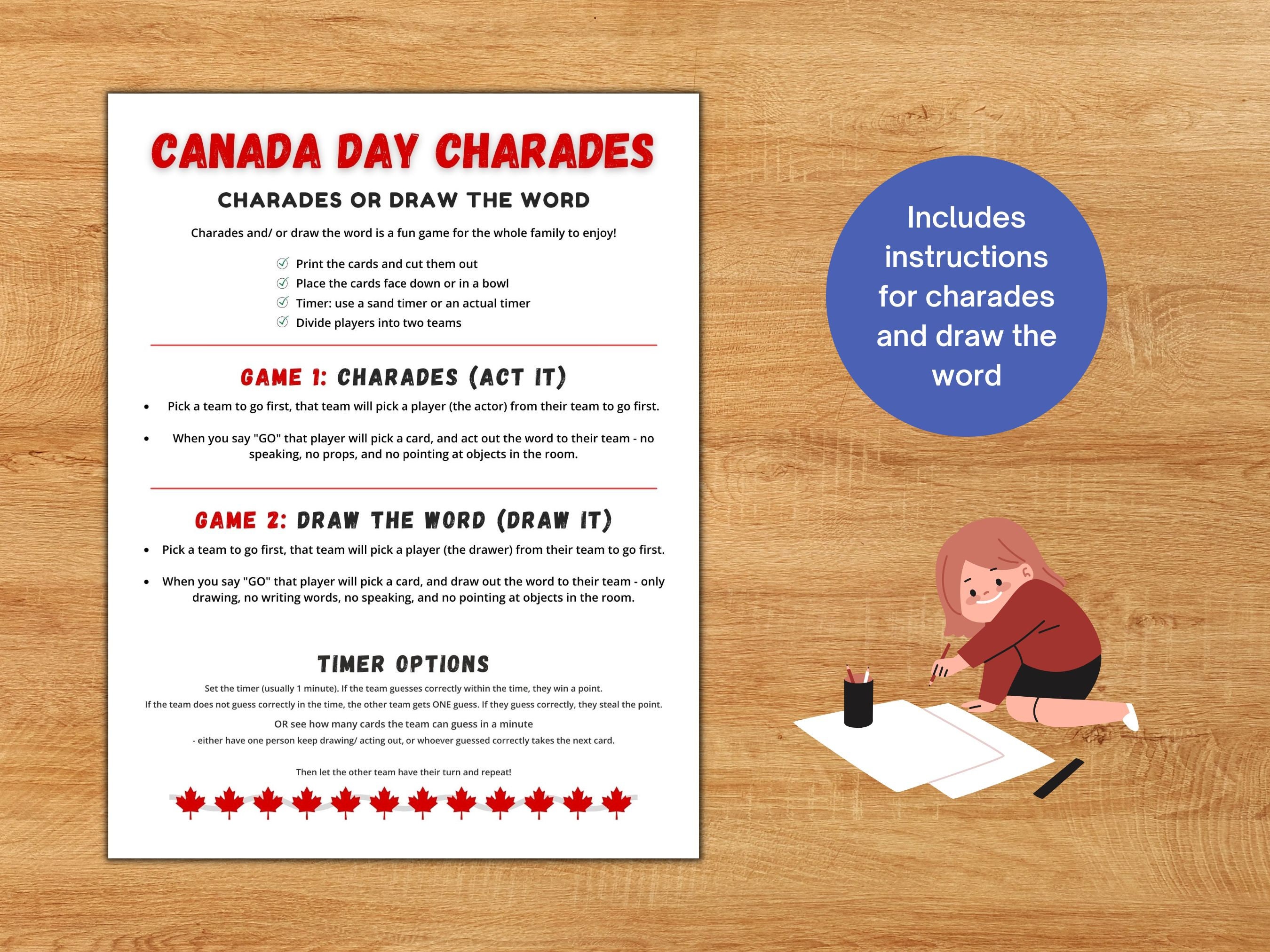 Canada Day Charades and Draw the Word Game Printable, Canada Day Family ...
