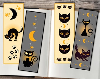 猫のブックマークセット：魔女の黒猫のハロウィーンの印刷可能なブックマーク（PDFダウンロード）