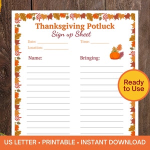 Thanksgiving Potluck Sign up Sheet Printable, Food Sign up Sheet ...