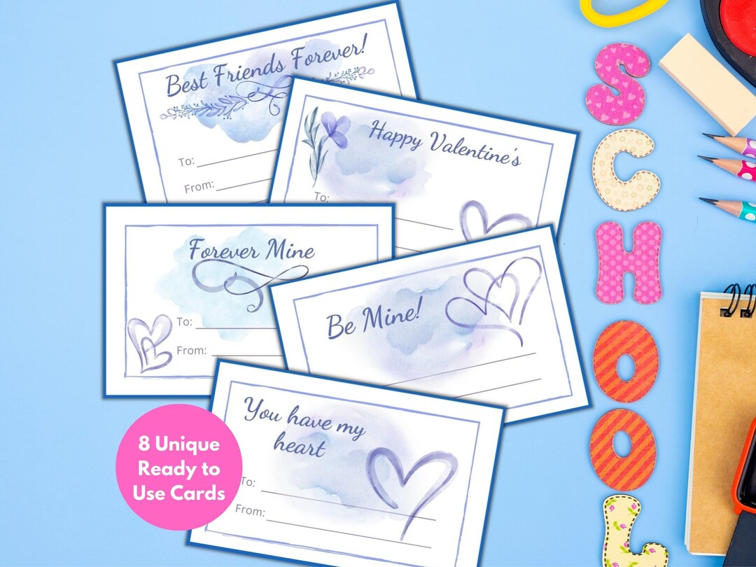Blue Watercolor Valentines for Class, Blue Hearts Printable Valentine ...