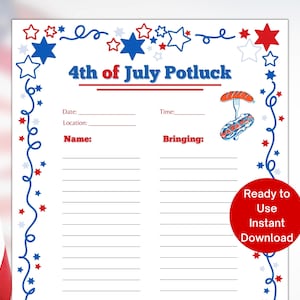 4th of July Potluck Sign-Up Sheet: Printable Party Page (Digital Download)