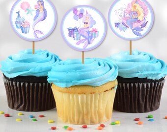 Mermaid Cake Topper, Mermaid Core Cupcake Toppers and Gift Tags, Watercolor Mermaid Birthday Decor