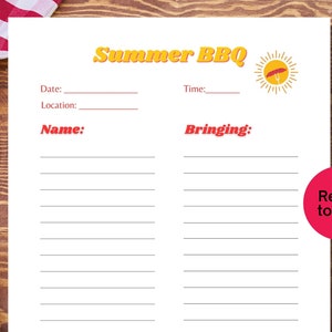 Summer BBQ Potluck Sign up Sheet, Printable Party Snack Sign up Page, Summer Barbeque Potluck Food Sign up Template