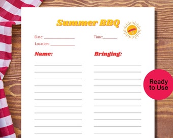 May include: A white paper with the words "Summer BBQ" in yellow and red text. The paper has lines for filling in details like date, location, name, and what to bring. A red circle with the text "Ready to Use" is in the corner.