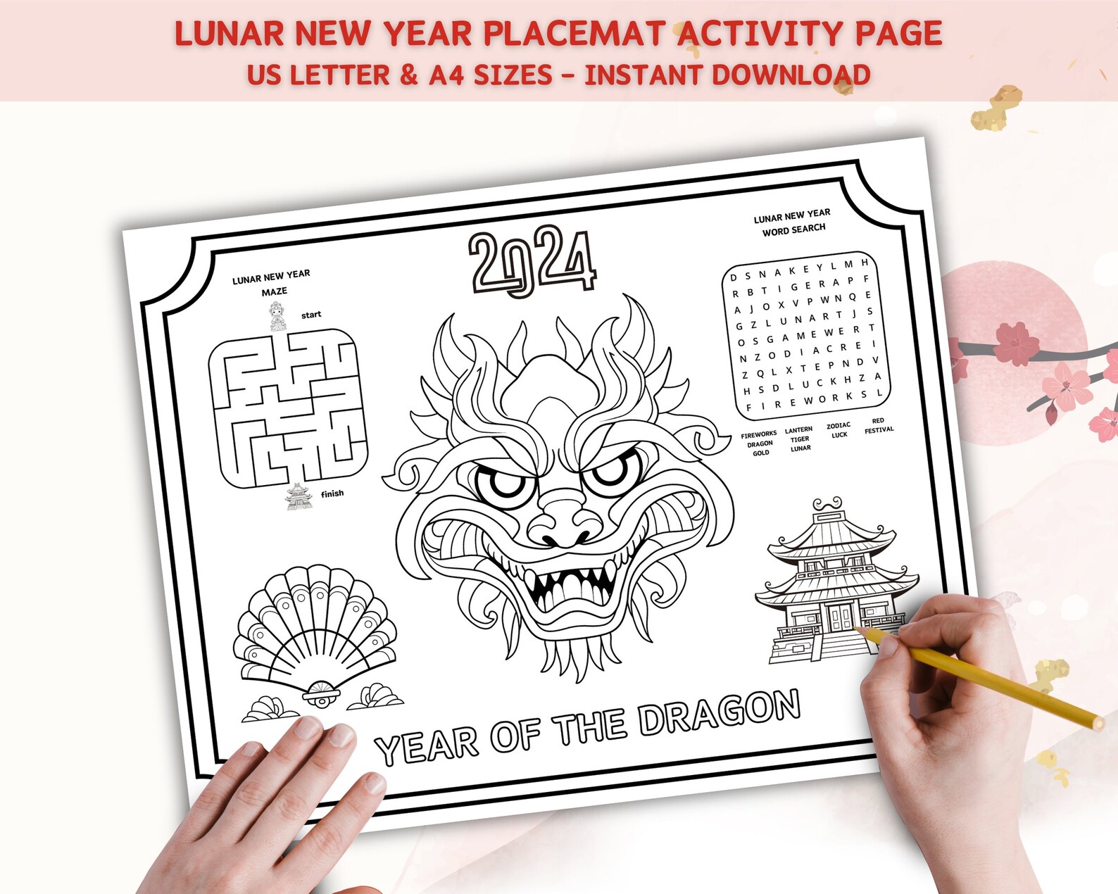2024 Lunar New Year Placemat, Chinese New Year Printable Coloring and ...