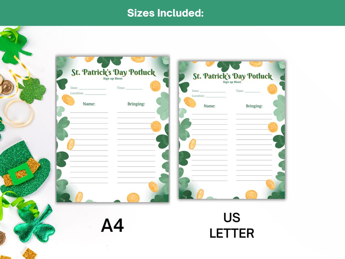 St Patrick's Day Potluck Sign up Sheet, Printable Party Sign up Sheet ...