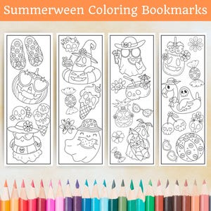 May include: Four black and white coloring bookmarks with summer and Halloween themes. Each bookmark features unique illustrations of ghosts, pumpkins, and summer items like sunglasses and ice cream. The text "Summerween Coloring Bookmarks" is at the top.