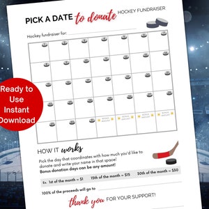 Pick a Date to Donate Hockey Fundraising Calendar, Hockey Donation Fundraiser Calendar Printable Template