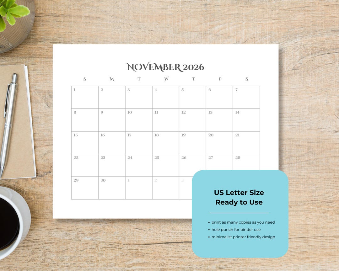 November 2026 Calendar Page, Printable Minimalist One Month Planner ...
