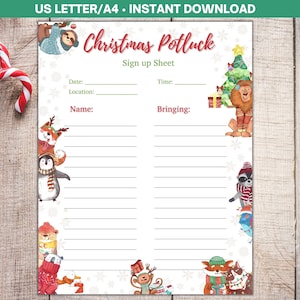 Christmas Potluck Sign up Sheet, Printable Christmas Party Snack Sign up Page Perfect for Daycare or Preschool Parties!