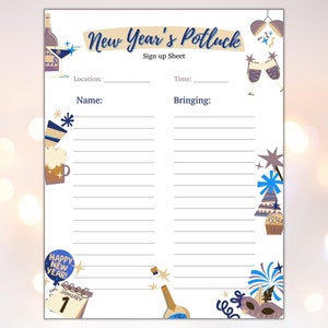 New Year&#39;s Potluck Sign-Up Sheet: Holiday Party Printable (PDF)