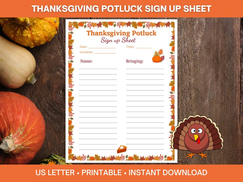 Thanksgiving Potluck Sign up Sheet Printable, Food Sign up Sheet ...