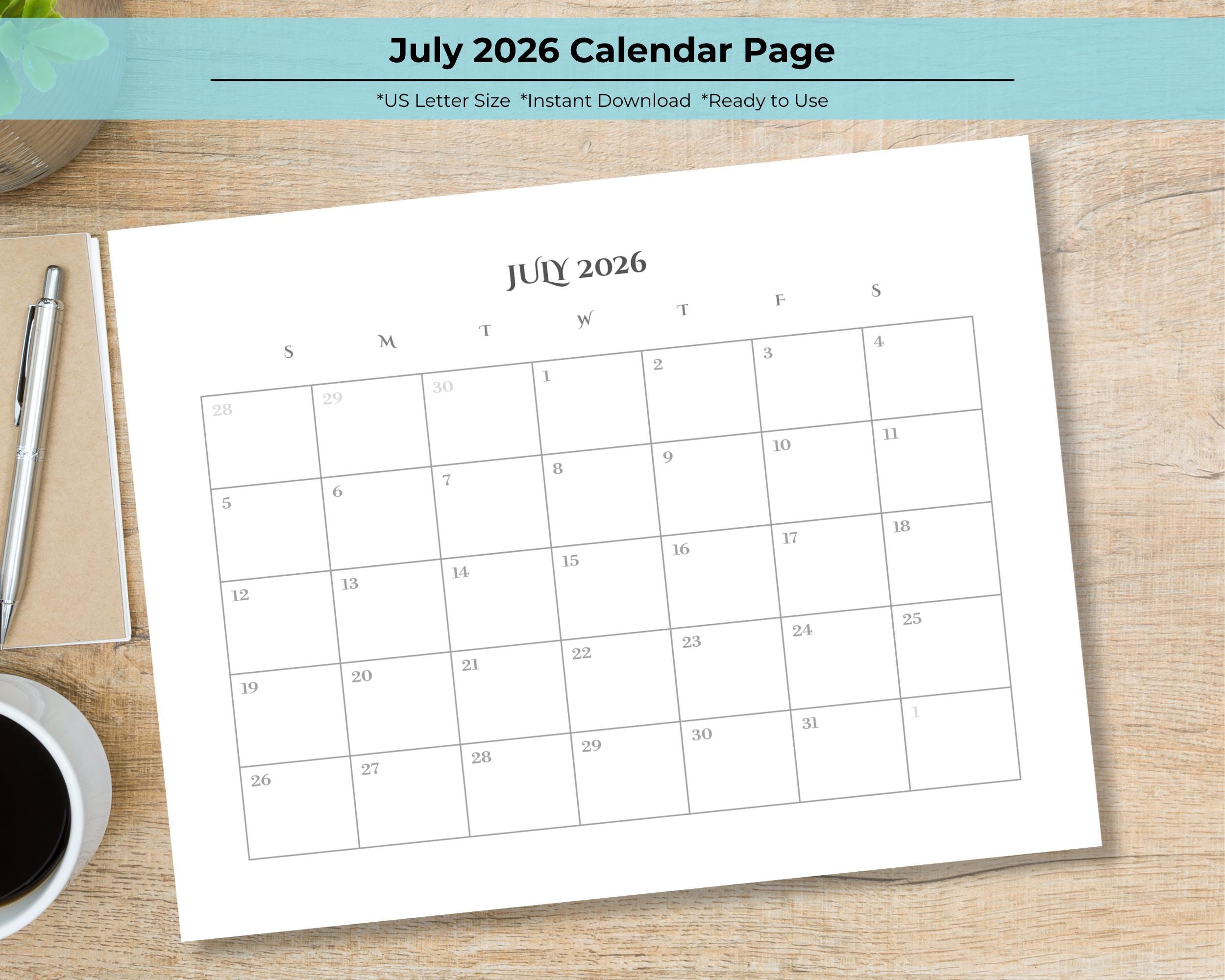 July 2026 Calendar Page, Minimalist Planner (digital Download, US ...