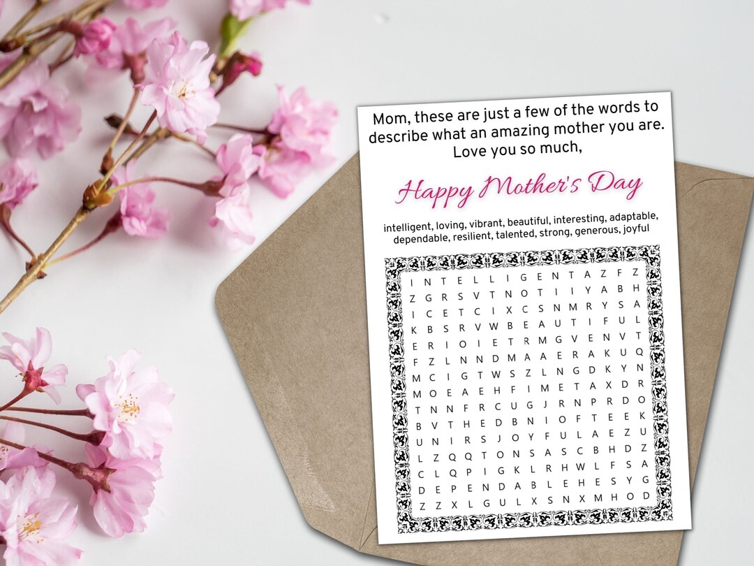 Mother's Day Word Search Card Printable, Happy Mothers Day Card From ...
