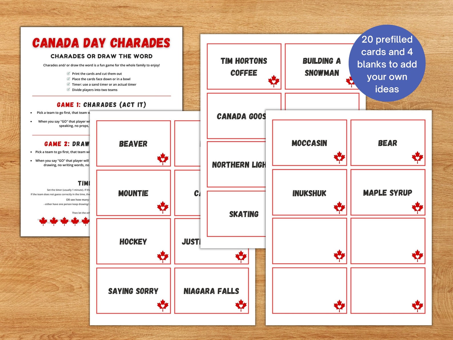 Canada Day Charades and Draw the Word Game Printable, Canada Day Family ...