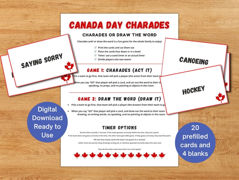 Canada Day Charades and Draw the Word Game Printable, Canada Day Family ...