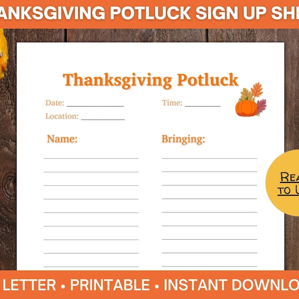 Thanksgiving Potluck Sign up Sheet with Time Column, Food Sign up Sheet, Printable Holiday Party Sign up, Turkey Dinner Pot Luck Checklist