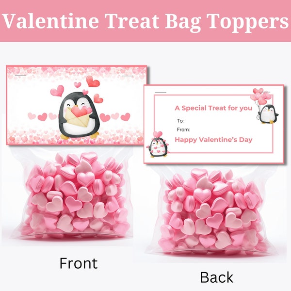 Cute Penguin Valentines Treat Bag Topper, Penguin Labels for Valentine Party Favors, Printable Cookie Bag Tags