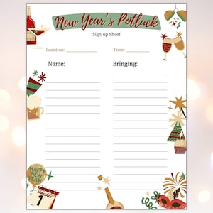New Year&#39;s Potluck Sign-Up Sheet: Holiday Party Printable (PDF)