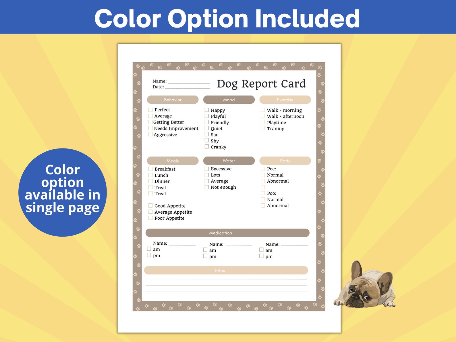 Dog Report Card Printable, Doggie Daycare Daily Report Sheet, Dog ...