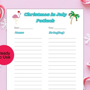 Puede incluir: Hoja de inscripción imprimible para un potluck de Navidad en julio con un flamenco rosa y una palmera con adornos navideños. La hoja tiene líneas para los nombres y lo que van a traer.