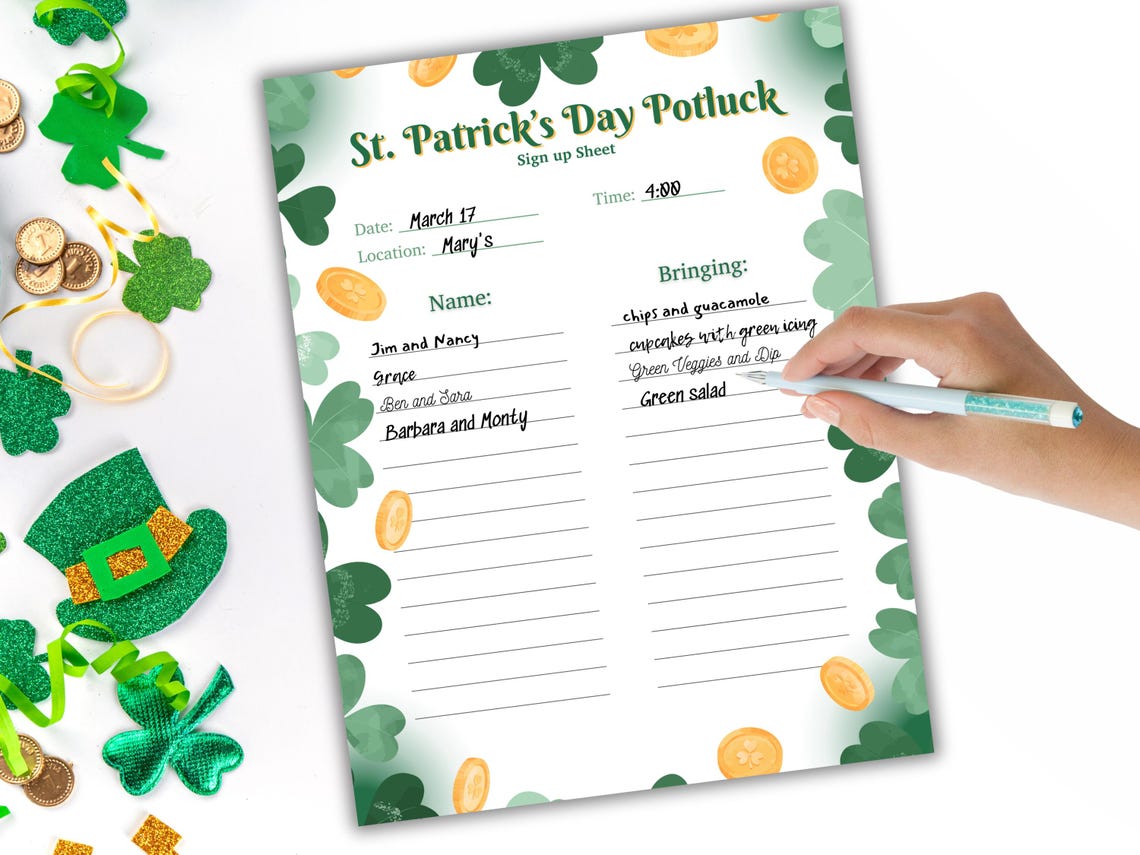 St Patrick's Day Potluck Sign up Sheet, Printable Party Sign up Sheet ...