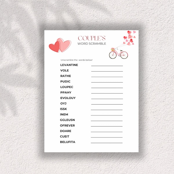 Fun Couples Word Scrabble, Word Scrabble Game, Wedding Games, Couples Game, Anniversary, Ready to Print, Answer Key Included, Valentine Game