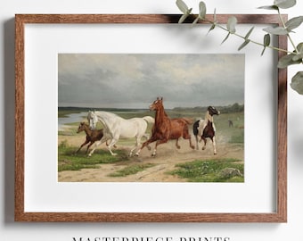 Wild Horses Oil Painting Print, Vintage Western Equestrian Wall Art, Rustic Farmhouse Decor