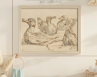Vintage Duck Drawing Print, Rustic Farmhouse Kitchen Wall Art, Natural History Decor