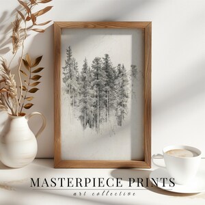 Dibujo a lápiz de un bosque de pinos, boceto minimalista de un bosque, arte mural natural japonés neutro, decoración de pared serena y escandinava para el hogar / IMPRIMIBLE / 9