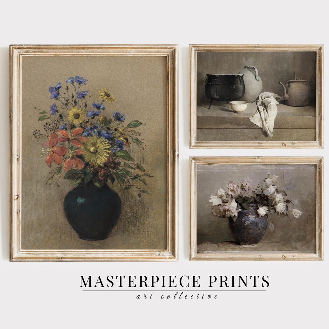 Vintage Still Life Wall Art Set of 3, Rustic Floral & Kitchen Decor ...