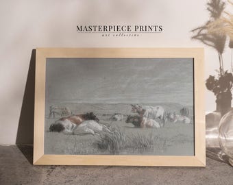 Farmhouse Cow Sketch Print, Vintage Pastoral Landscape Wall Art, Country Kitchen Decor