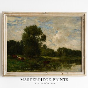 Moody Pastoral Landscape Wall Art, Cows Grazing Vintage Landscape Painting, Antique Nature Oil Painting, Downloadable Art Print 7