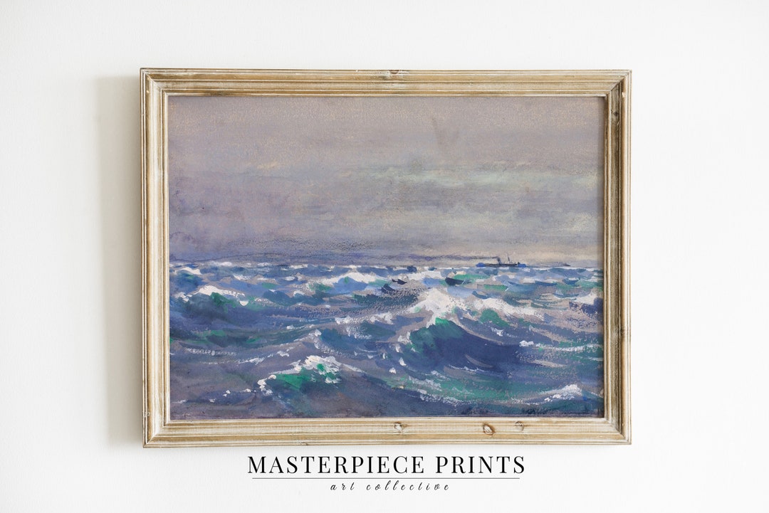 Seascape Vintage Painting Coastal Ocean Wall Art Print Calm Bathroom ...