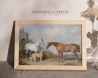 Vintage Horse and Dog Painting, Rustic Western Farmhouse Wall Art, Country Lodge Decor