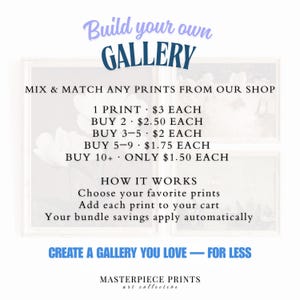 The image is a promotional poster for a gallery service that allows customers to mix and match any prints from a shop. It provides a list of prices for different print options and instructions on how to use the service. The main message of the poster is to encourage customers to create a gallery they love for less, emphasizing the automatic savings from bundling purchases.