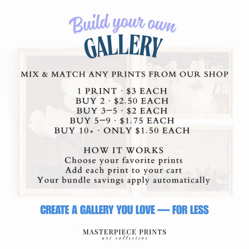 The image is a promotional poster for a gallery service that allows customers to mix and match any prints from a shop. It provides a list of prices for different print options and instructions on how to use the service. The main message of the poster is to encourage customers to create a gallery they love for less, emphasizing the automatic savings from bundling purchases.