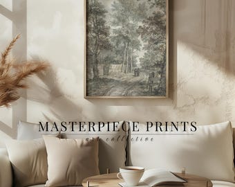 Vintage Landscape Wall Art Print, Muted Sage, Farmhouse Style (Digital Art)