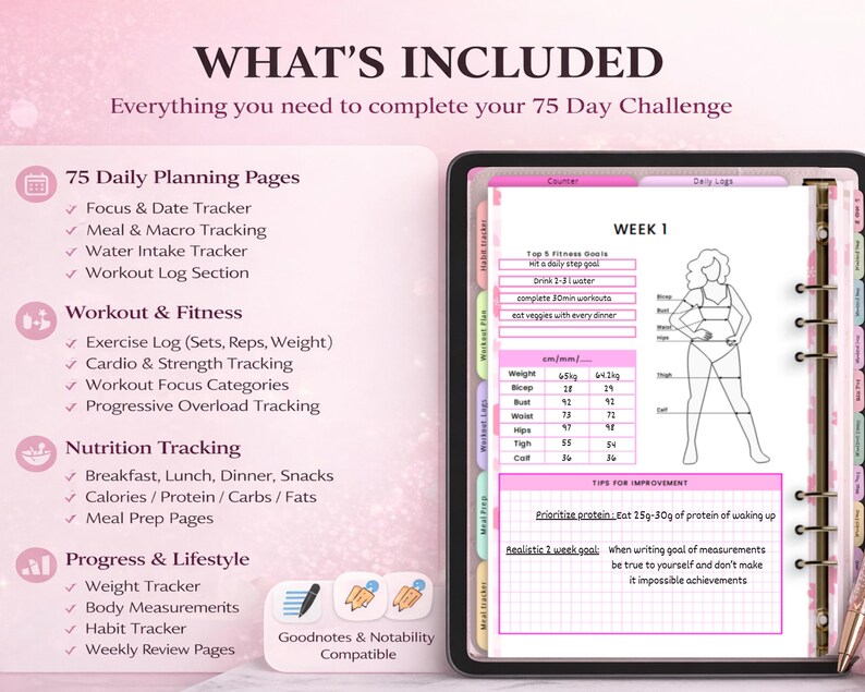 Pink Workout Planner | 75 Day Fitness Transformation Journal (digital ...