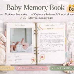 May include: Baby memory book with a soft bunny plush toy and a photo of a baby. The open book displays a photo and journal pages. The cover reads "Baby Memory Book" and includes the text "Record First Year Memories" and "30+ Story & Journal Pages."