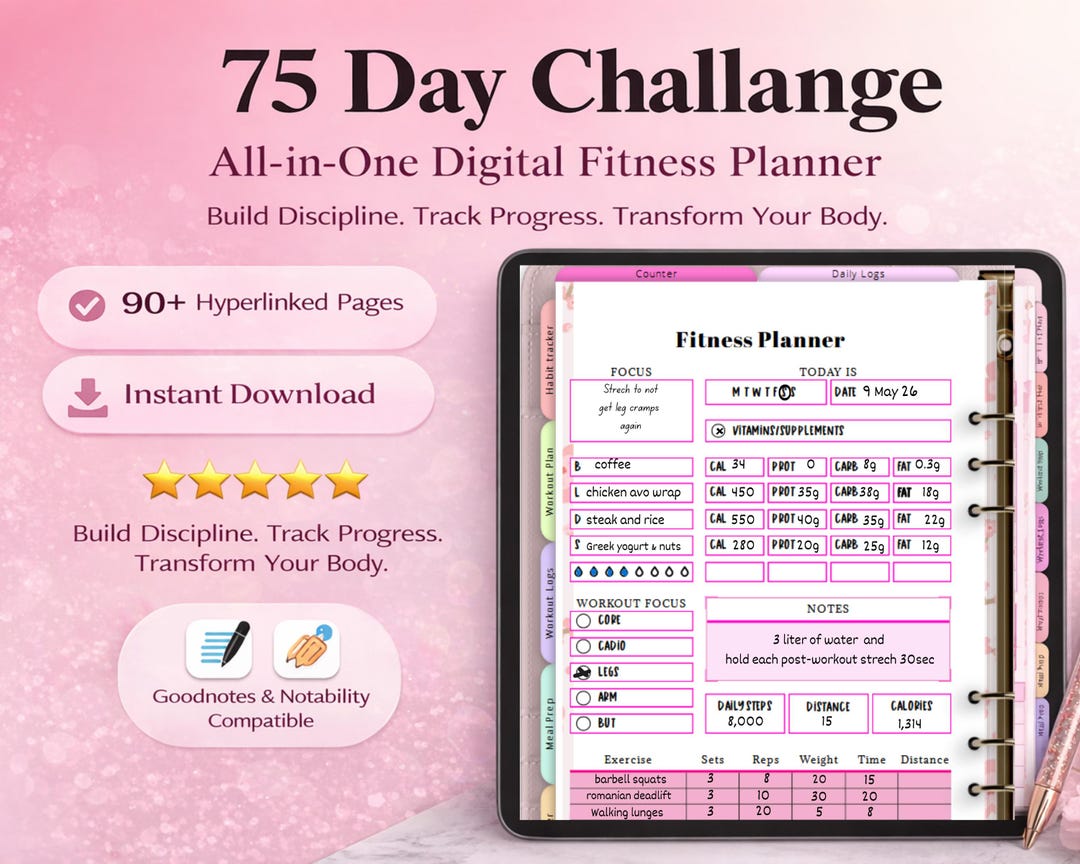 Pink Workout Planner | 75 Day Fitness Transformation Journal (digital ...