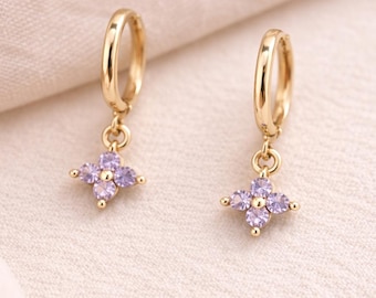 Gold Dangle Earrings with Purple Flower, Dainty Floral Drop Earrings, Everyday Minimal Jewelry, Amethyst Earring Sets, Gift for Her