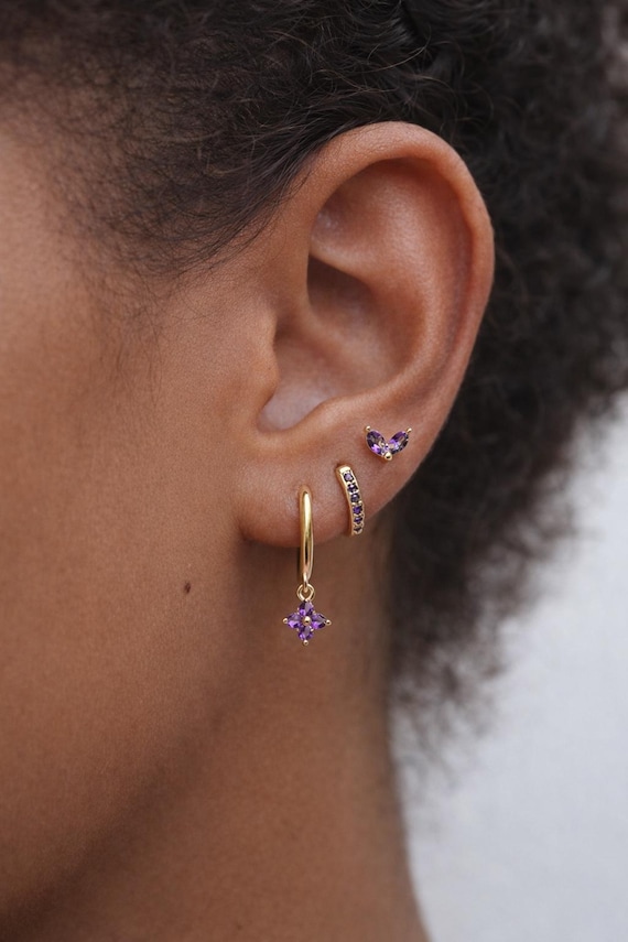 Amethyst Earring Set, Gold Hoop and Stud Earrings Set, Purple Crystal Earrings, Butterfly Studs Gold, Minimalist Ear Stack, Amethyst Gift