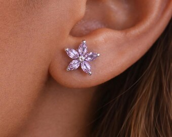 Amethyst Purple Flower Stud Earrings, Sterling Silver MinimalistStuds, Crystal Flower Earings, Dainty Small Silver Earrings, Gift for Her